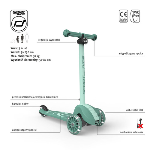 SCOOTANDRIDE - Highwaykick 3S - hulajnoga z systemem sterowania 2w1 i kółkami LED składana 3+, forest