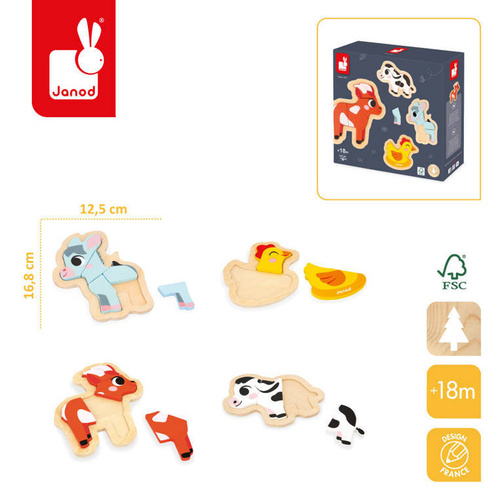 Puzzle progresywne drewniane Farma 4 układanki – 2, 3, 4 i 5 elementów 18 m+, Janod